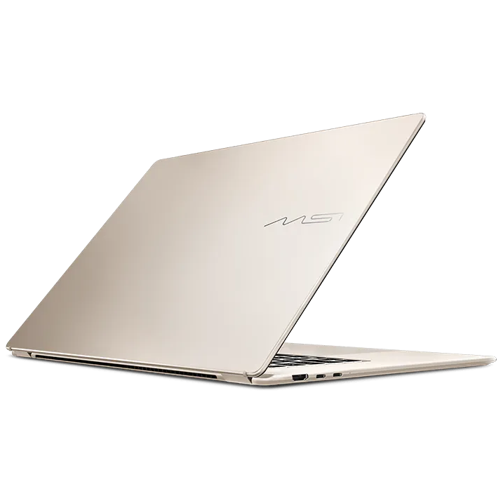 A large main feature product image of MSI Prestige 16 AI+ (C3M) - 16" 2.8K OLED, Ultra X7 358H, 32GB/2TB - Win 11 Notebook (Beige Gold)