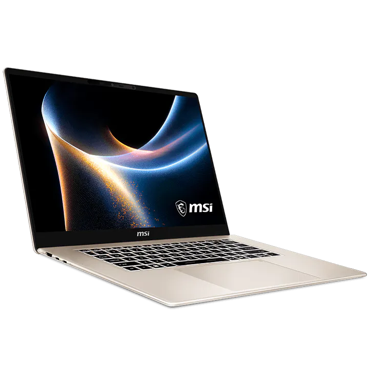 A large main feature product image of MSI Prestige 16 AI+ (C3M) - 16" 2.8K OLED, Ultra X7 358H, 32GB/2TB - Win 11 Notebook (Beige Gold)