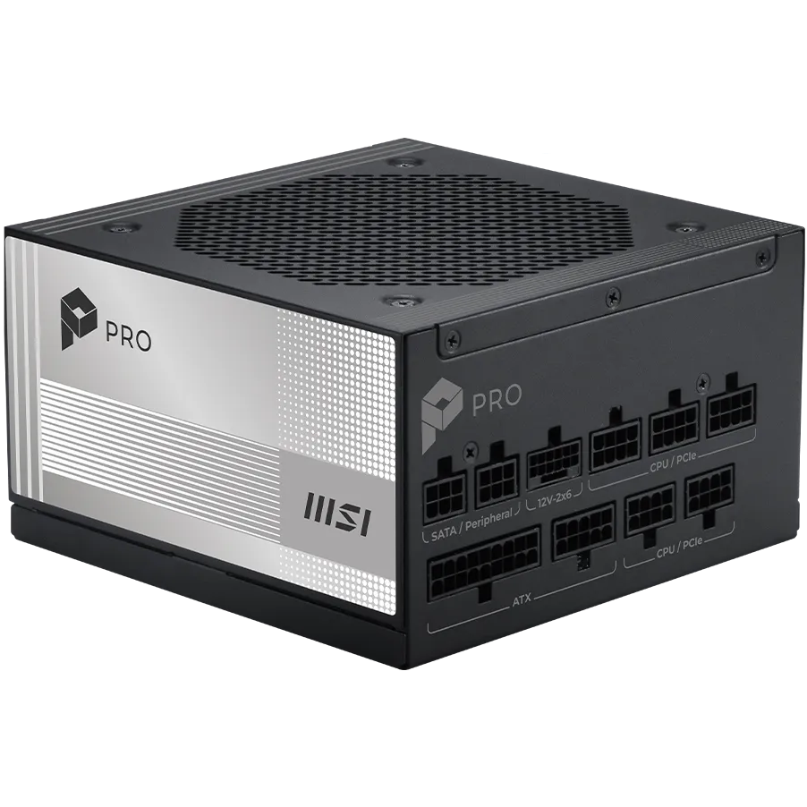 A large main feature product image of MSI PRO A1000PL - 1000W Platinum PCIe 5.0 ATX Modular PSU
