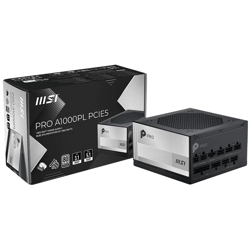 A large main feature product image of MSI PRO A1000PL - 1000W Platinum PCIe 5.0 ATX Modular PSU
