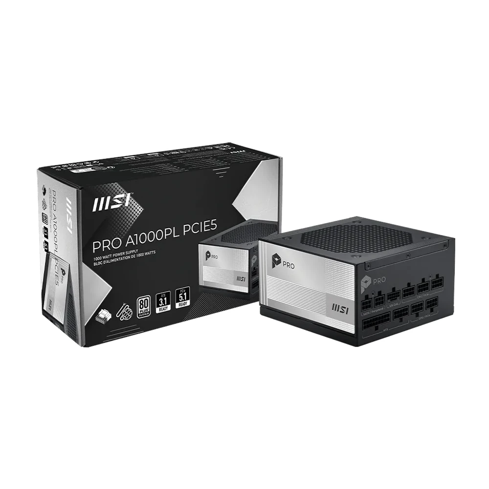 A large main feature product image of MSI PRO A1000PL - 1000W Platinum PCIe 5.0 ATX Modular PSU