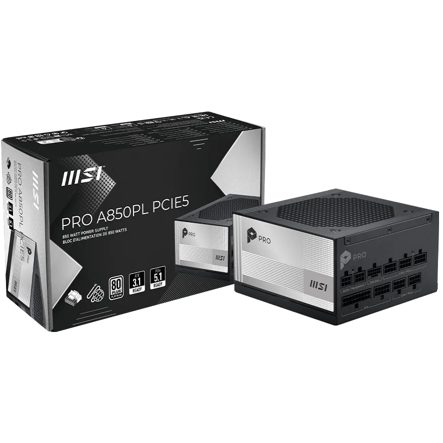 A large main feature product image of MSI PRO A850PL - 850W Platinum PCIe 5.0 ATX Modular PSU