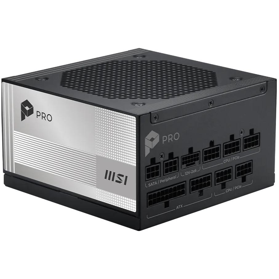A large main feature product image of MSI PRO A850PL - 850W Platinum PCIe 5.0 ATX Modular PSU