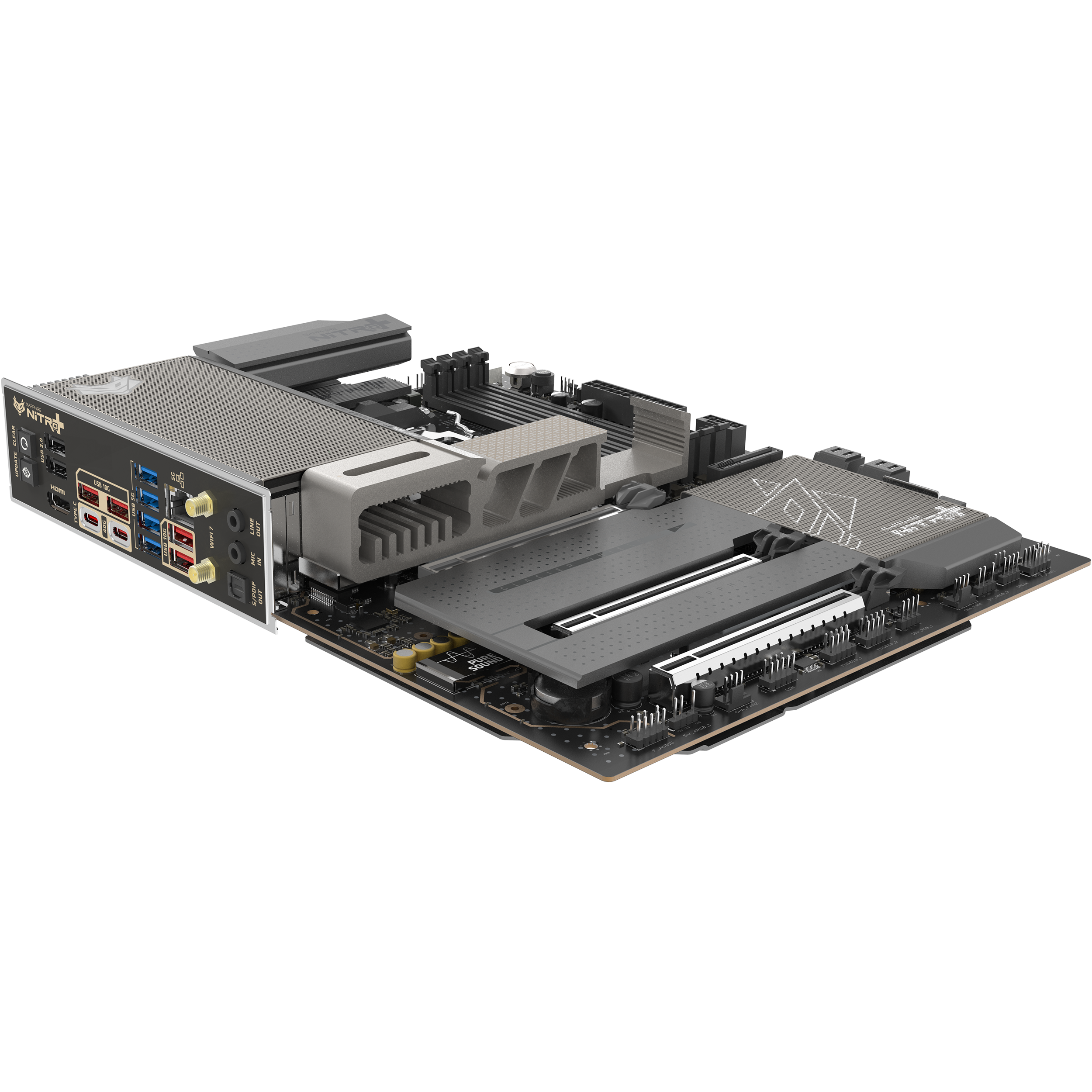 A large main feature product image of SAPPHIRE NITRO+ X870EA WiFi7 AM5 ATX Desktop Motherboard