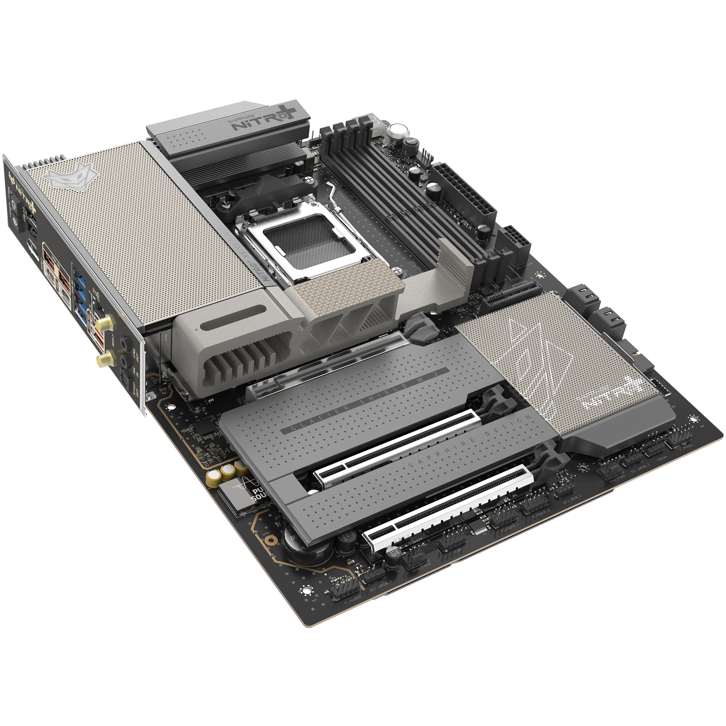 A large main feature product image of SAPPHIRE NITRO+ X870EA WiFi7 AM5 ATX Desktop Motherboard