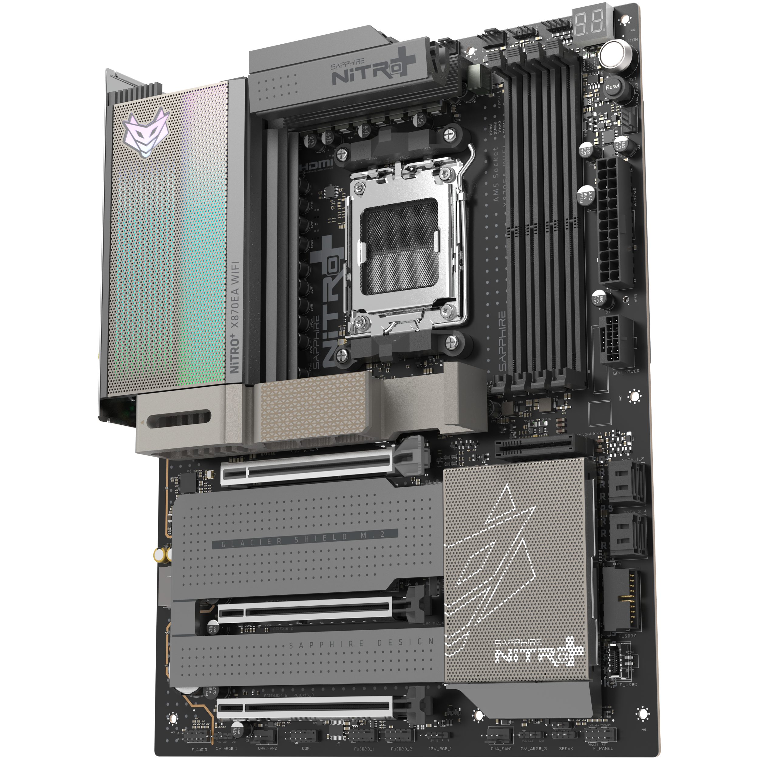 A large main feature product image of SAPPHIRE NITRO+ X870EA WiFi7 AM5 ATX Desktop Motherboard