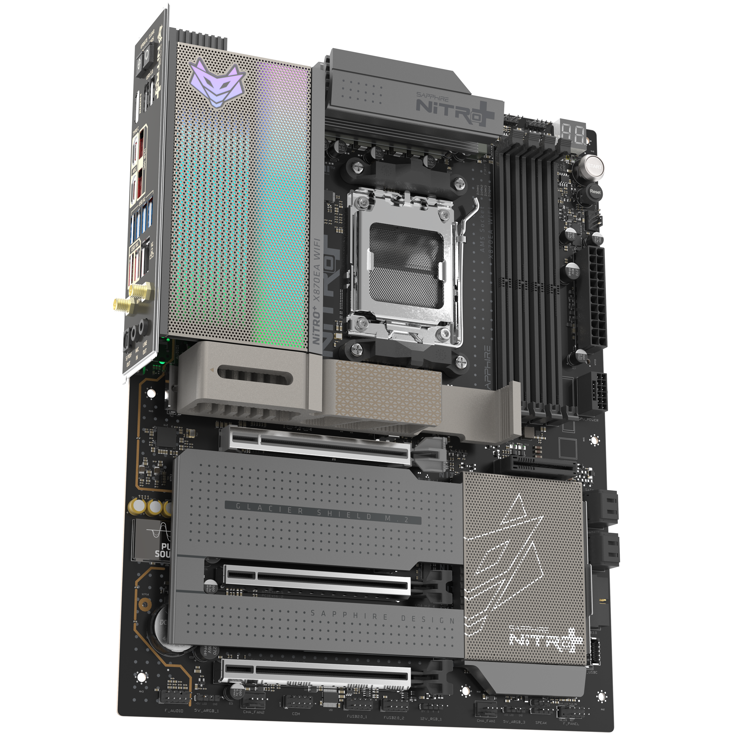 A large main feature product image of SAPPHIRE NITRO+ X870EA WiFi7 AM5 ATX Desktop Motherboard