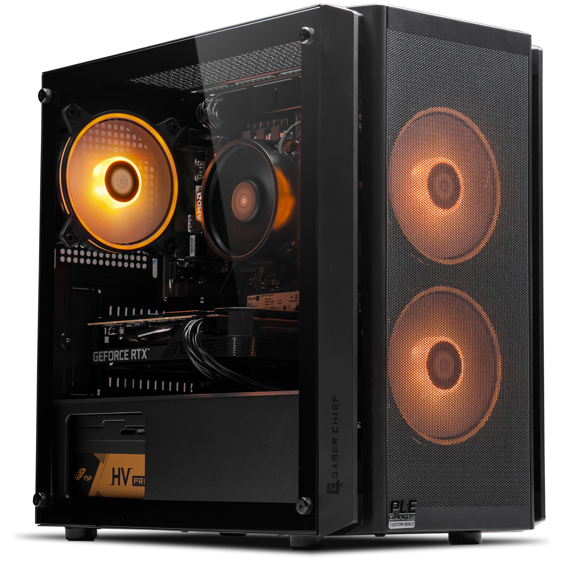 A large main feature product image of PLE Amber RTX 5050 Prebuilt Ready To Go Gaming PC