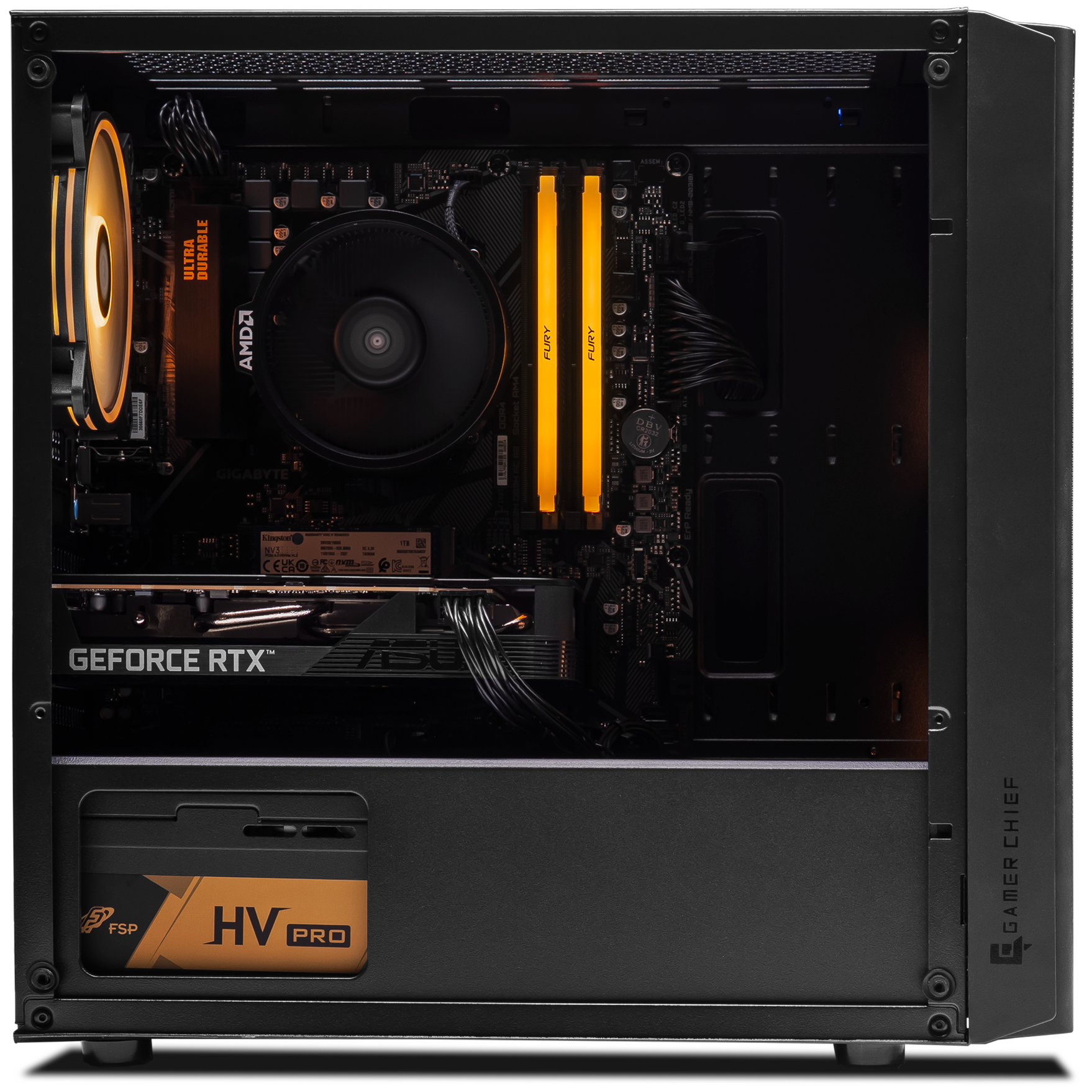 A large main feature product image of PLE Amber RTX 5050 Prebuilt Ready To Go Gaming PC