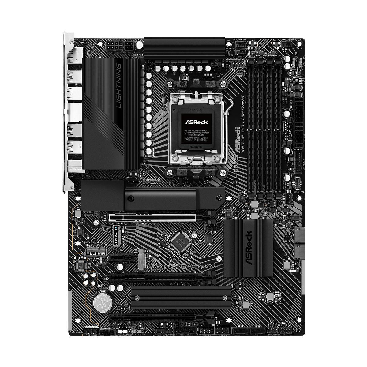 A large main feature product image of EX-DEMO ASRock X670E PG Lightning AM5 ATX Desktop Motherboard
