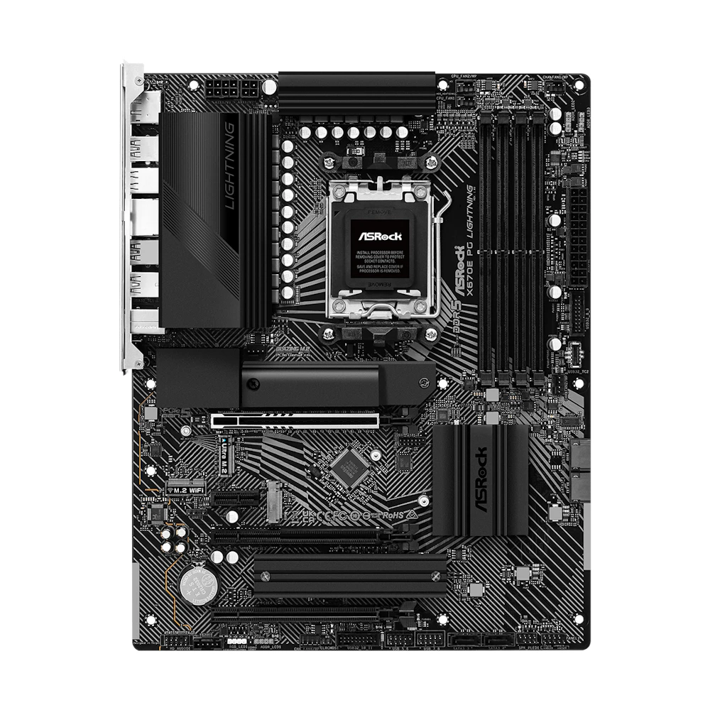 A large main feature product image of EX-DEMO ASRock X670E PG Lightning AM5 ATX Desktop Motherboard