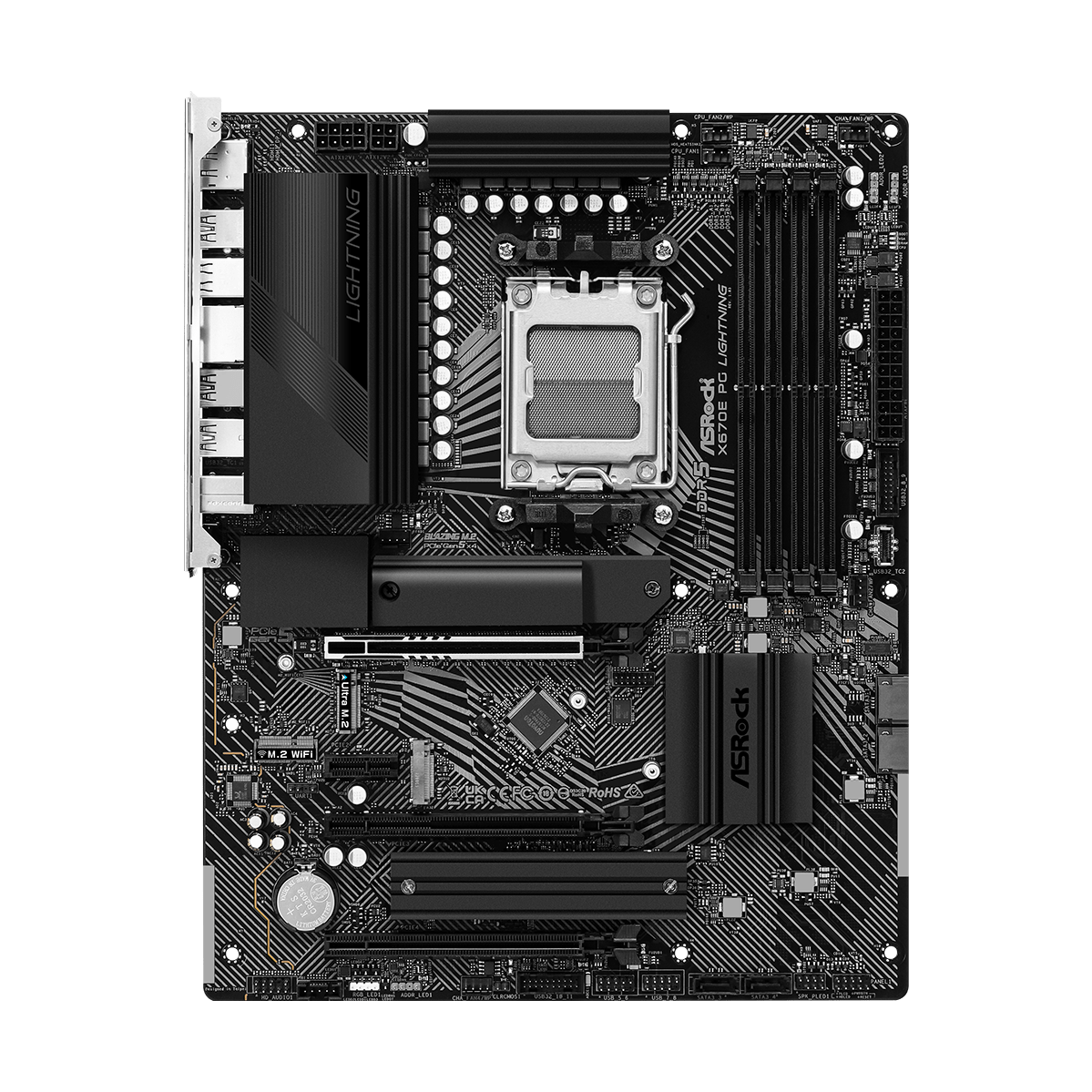 A large main feature product image of EX-DEMO ASRock X670E PG Lightning AM5 ATX Desktop Motherboard