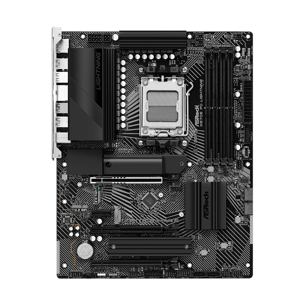 A large main feature product image of EX-DEMO ASRock X670E PG Lightning AM5 ATX Desktop Motherboard