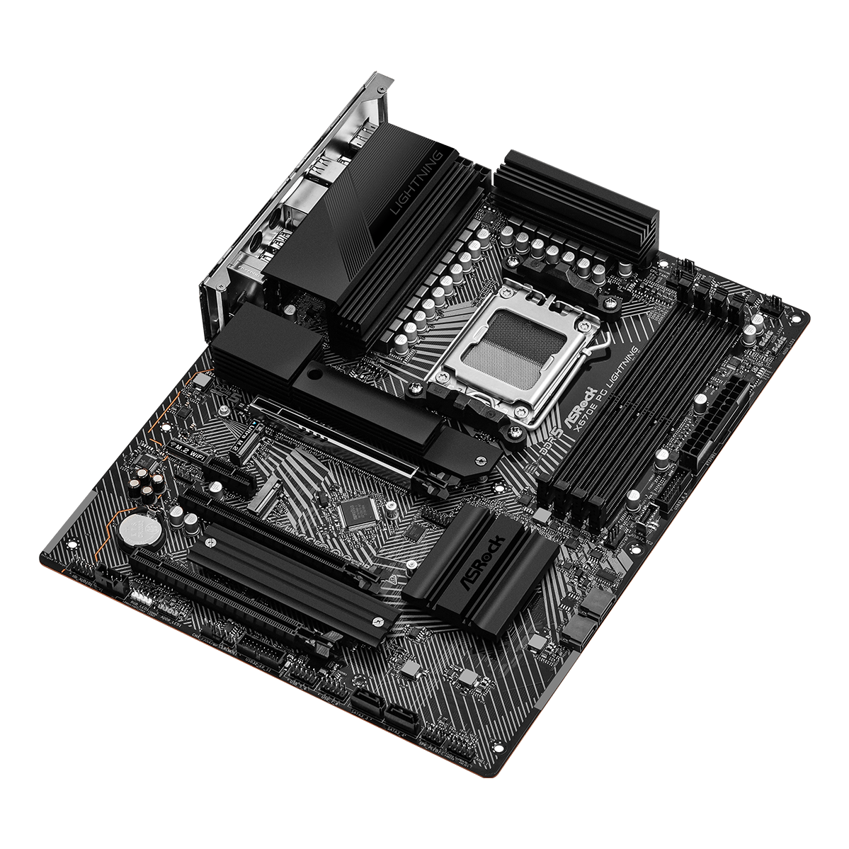 A large main feature product image of EX-DEMO ASRock X670E PG Lightning AM5 ATX Desktop Motherboard