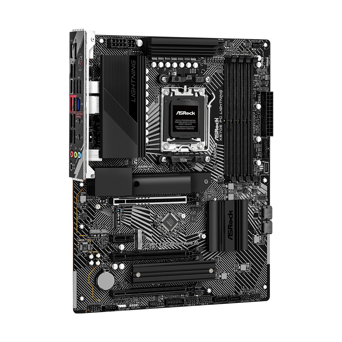 A large main feature product image of EX-DEMO ASRock X670E PG Lightning AM5 ATX Desktop Motherboard