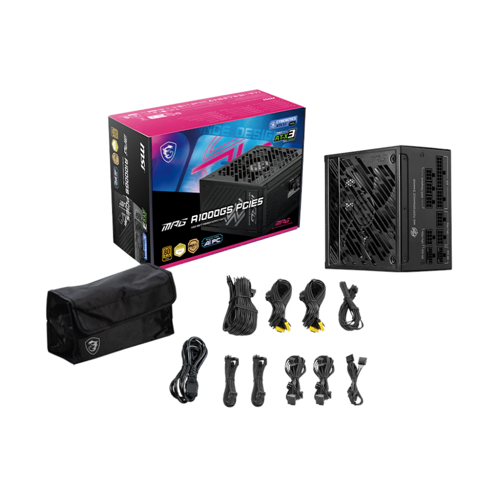 A large main feature product image of EX-DEMO MSI MPG A1000GS - 1000W Gold PCIe 5.0 ATX Modular PSU