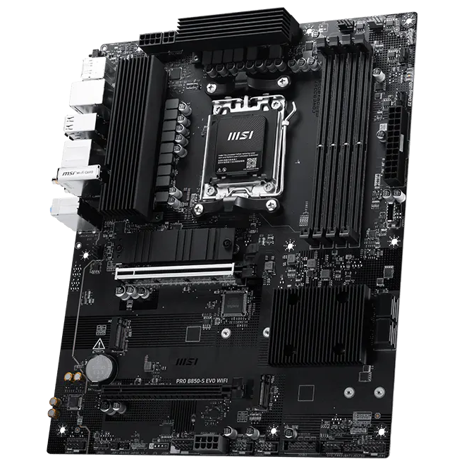 A large main feature product image of MSI PRO B850-S EVO WIFI AM5 ATX Desktop Motherboard