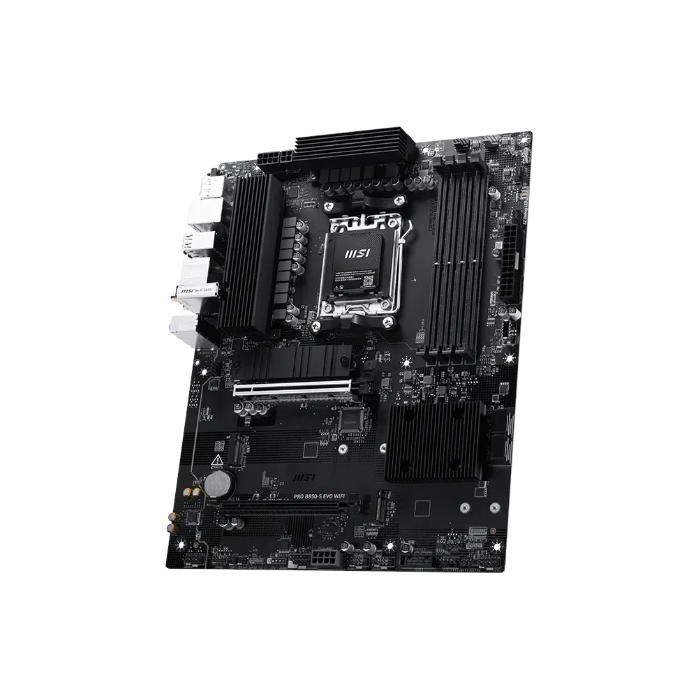 A large main feature product image of MSI PRO B850-S EVO WIFI AM5 ATX Desktop Motherboard