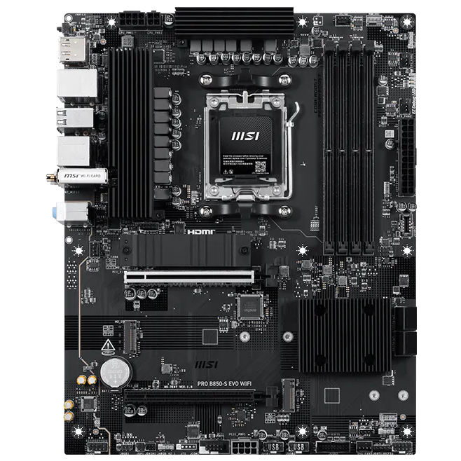 A large main feature product image of MSI PRO B850-S EVO WIFI AM5 ATX Desktop Motherboard
