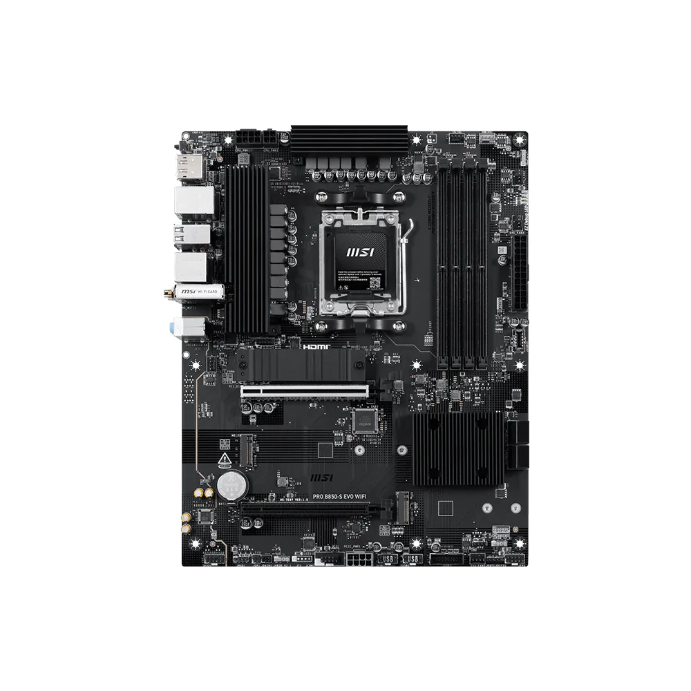 A large main feature product image of MSI PRO B850-S EVO WIFI AM5 ATX Desktop Motherboard