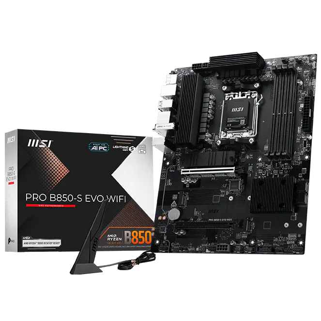 A large main feature product image of MSI PRO B850-S EVO WIFI AM5 ATX Desktop Motherboard