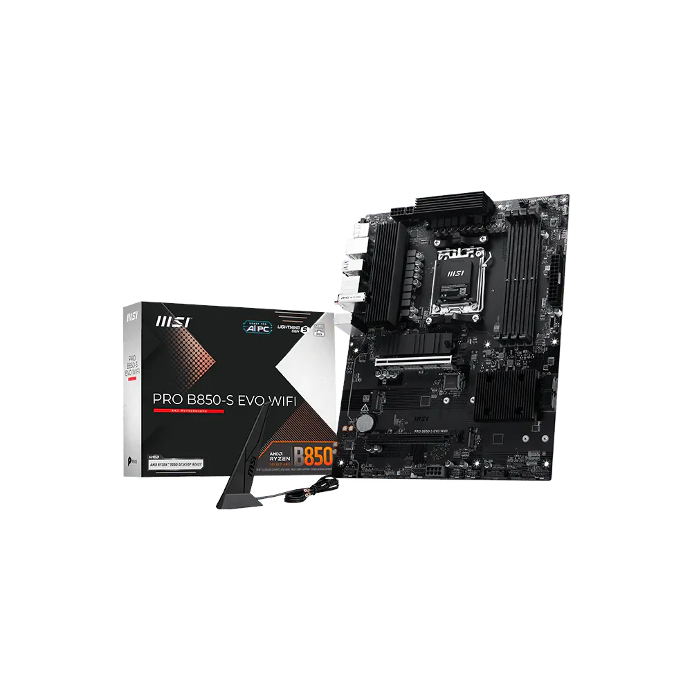 A large main feature product image of MSI PRO B850-S EVO WIFI AM5 ATX Desktop Motherboard