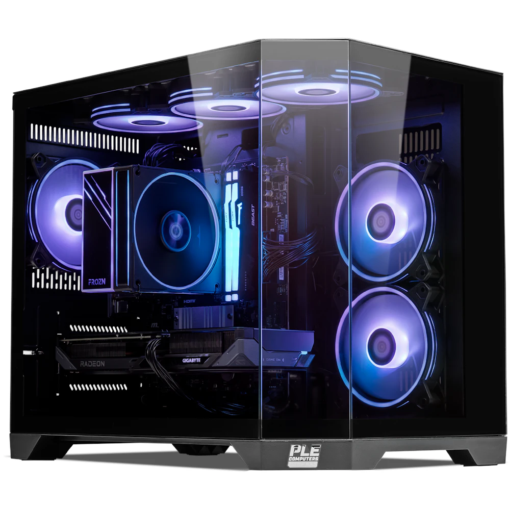 A large main feature product image of PLE Orbit RX 9060 XT Prebuilt Ready To Go Gaming PC