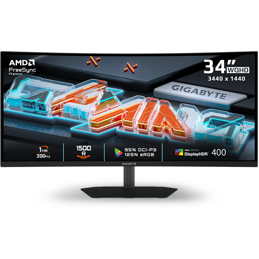 A large main feature product image of Gigabyte G34WQC2 - 34" Curved 1440p Ultrawide 200Hz VA Gaming Monitor
