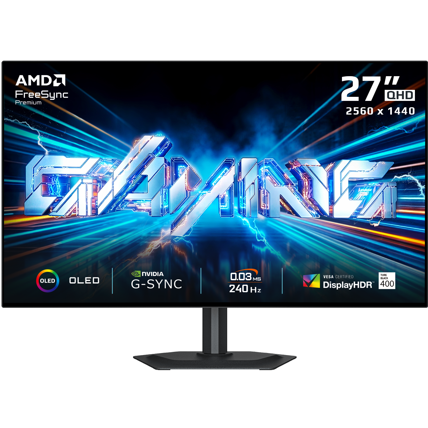 A large main feature product image of Gigabyte GO27Q24G WOLED - 27" 1440p 240Hz 0.03ms Gaming Monitor