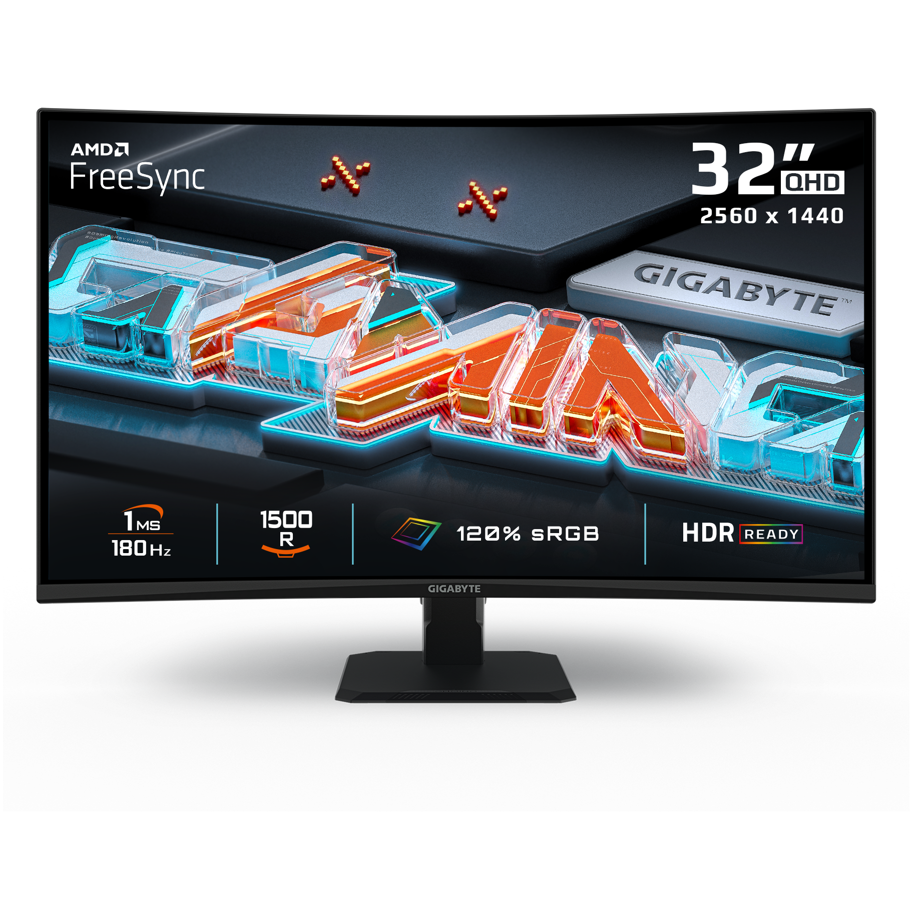 A large main feature product image of Gigabyte GS32QCA - 31.5" Curved 180Hz VA Gaming Monitor