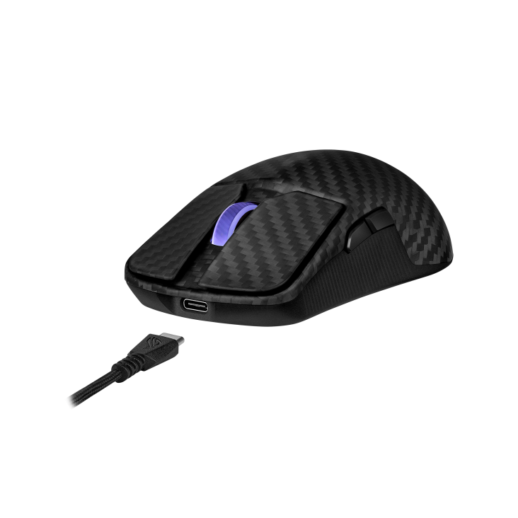 A large main feature product image of EX-DEMO ASUS ROG Harpe Ace Extreme 47g Lightweight Wireless Gaming Mouse
