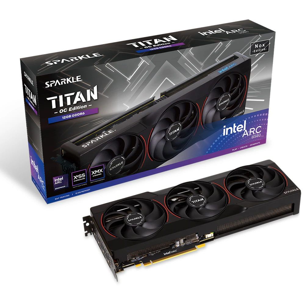 A large main feature product image of EX-DEMO SPARKLE Intel Arc Battlemage B580 TITAN Nox OC 12GB GDDR6