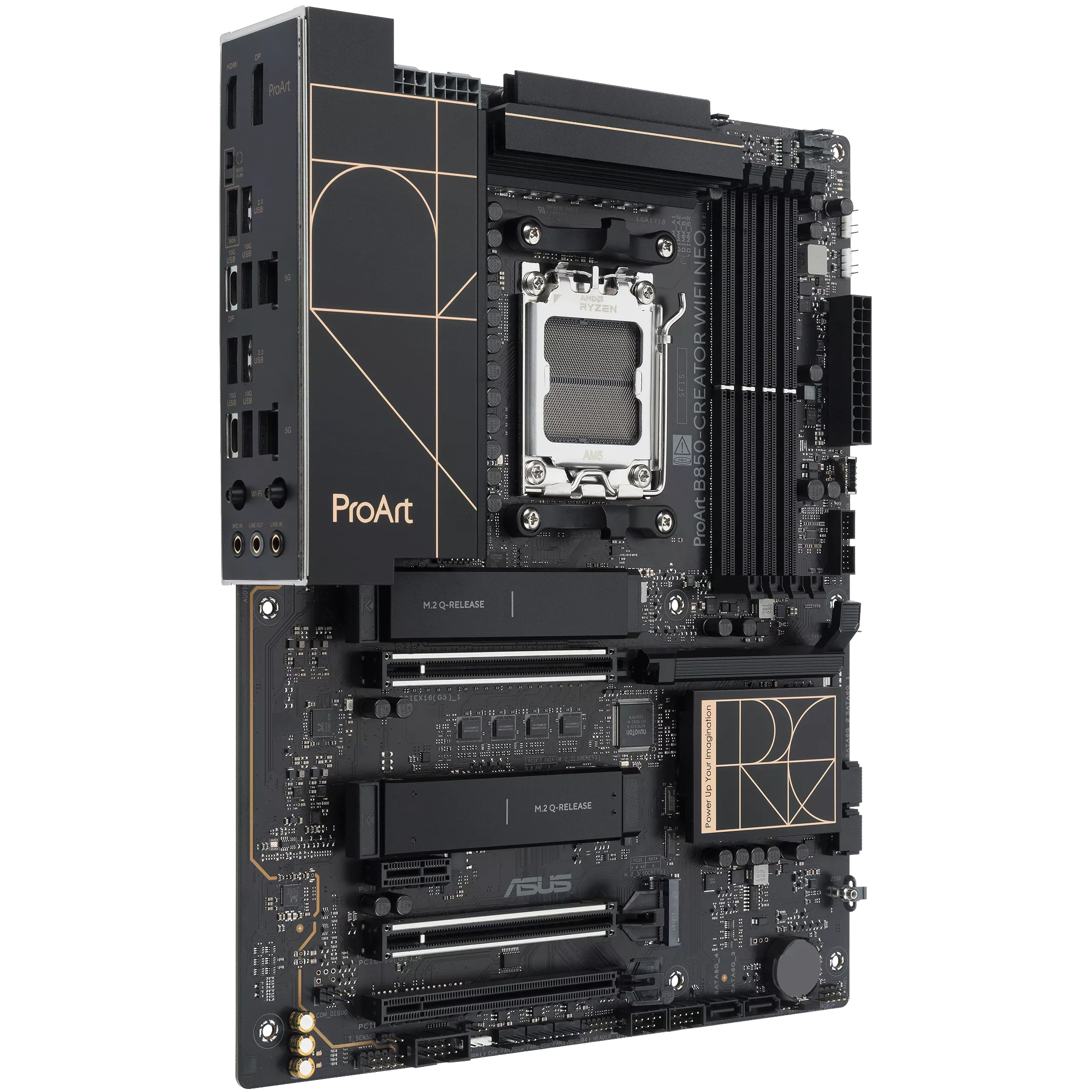A large main feature product image of ASUS ProArt B850 Creator WiFi Neo  AM5 ATX Desktop Motherboard
