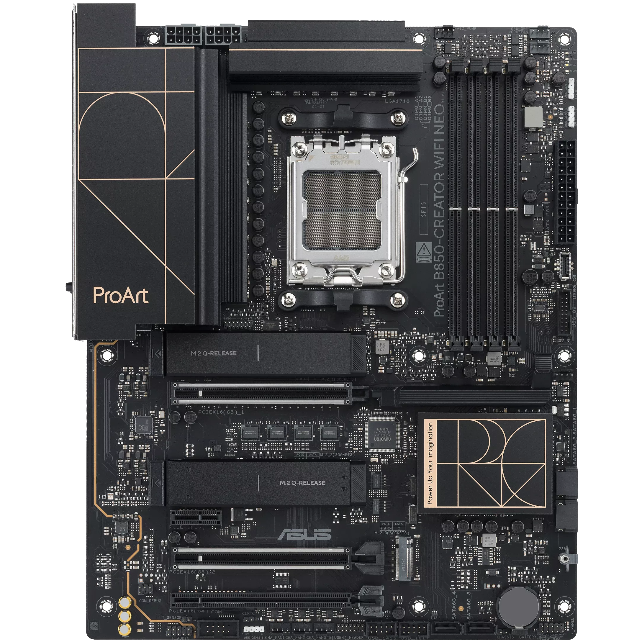 A large main feature product image of ASUS ProArt B850 Creator WiFi Neo  AM5 ATX Desktop Motherboard