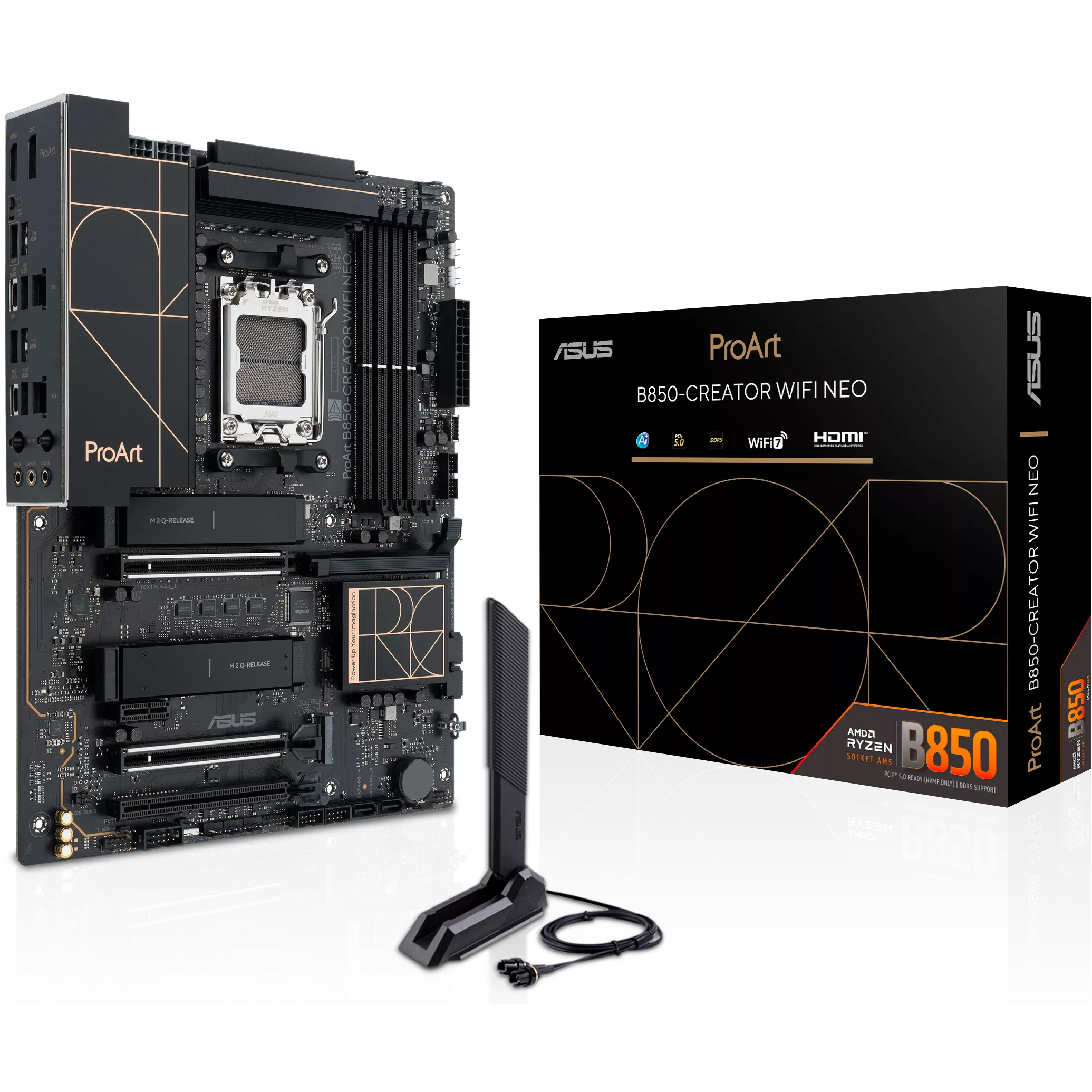 A large main feature product image of ASUS ProArt B850 Creator WiFi Neo  AM5 ATX Desktop Motherboard