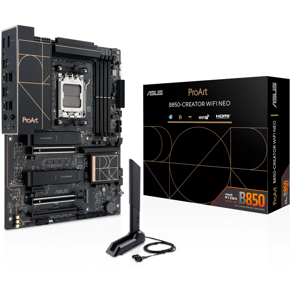 A large main feature product image of ASUS ProArt B850 Creator WiFi Neo AM5 ATX Desktop Motherboard