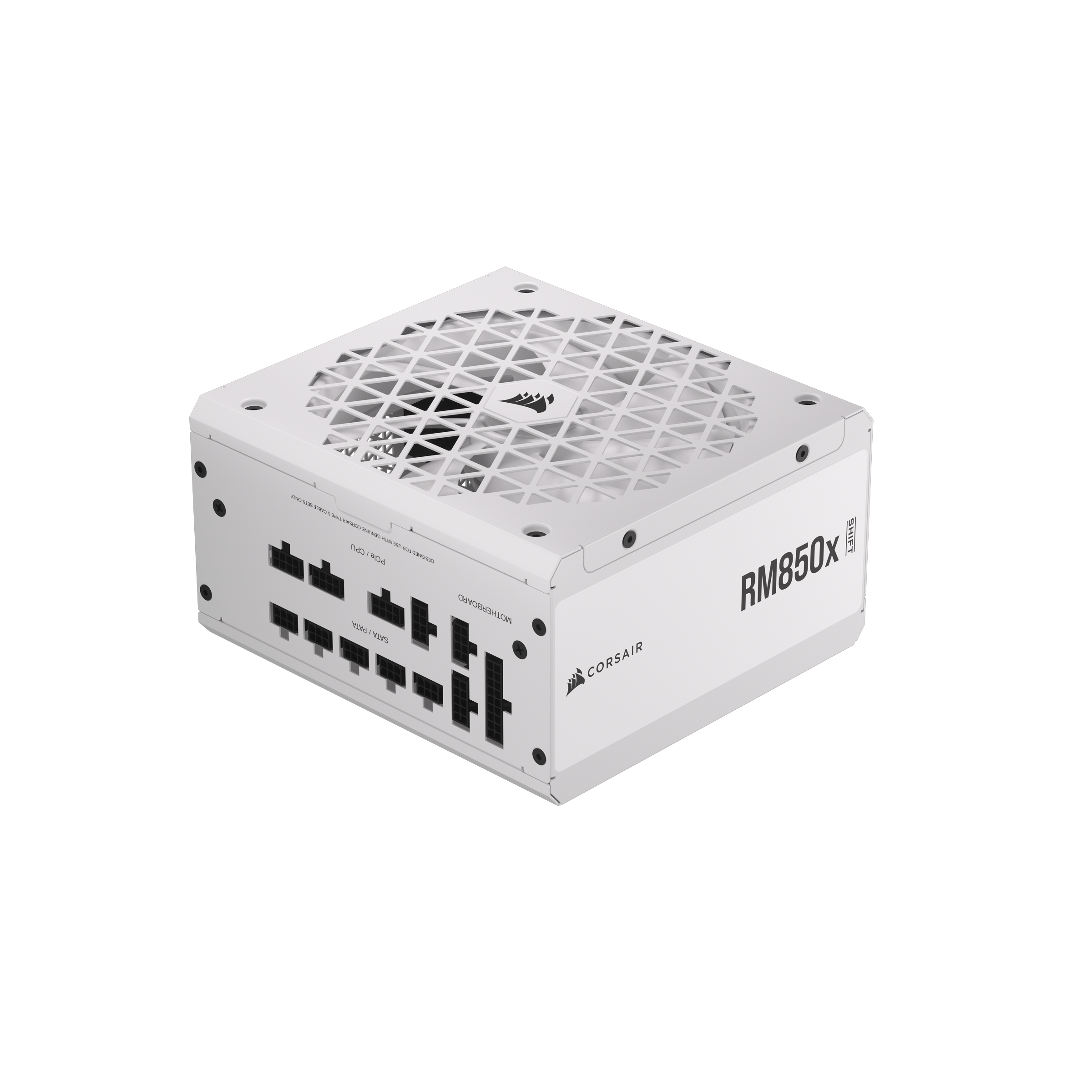 A large main feature product image of EX-DEMO Corsair RM850x SHIFT - Side Cable 850W Gold ATX Modular PSU (White)