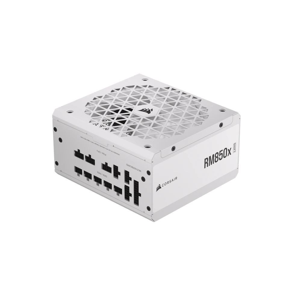 A large main feature product image of EX-DEMO Corsair RM850x SHIFT - Side Cable 850W Gold ATX Modular PSU (White)