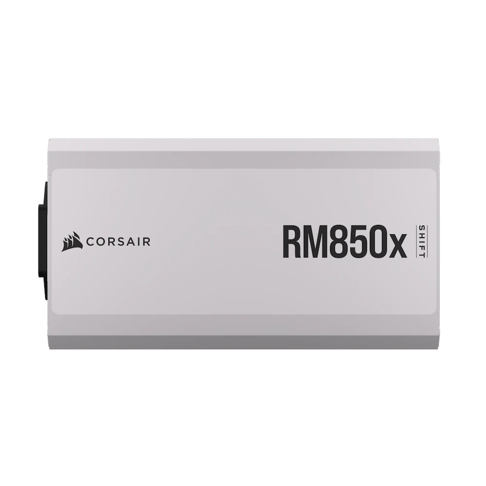 A large main feature product image of EX-DEMO Corsair RM850x SHIFT - Side Cable 850W Gold ATX Modular PSU (White)