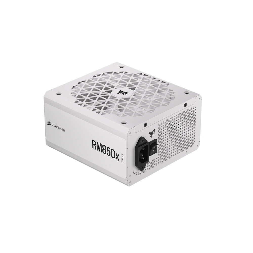 A large main feature product image of EX-DEMO Corsair RM850x SHIFT - Side Cable 850W Gold ATX Modular PSU (White)