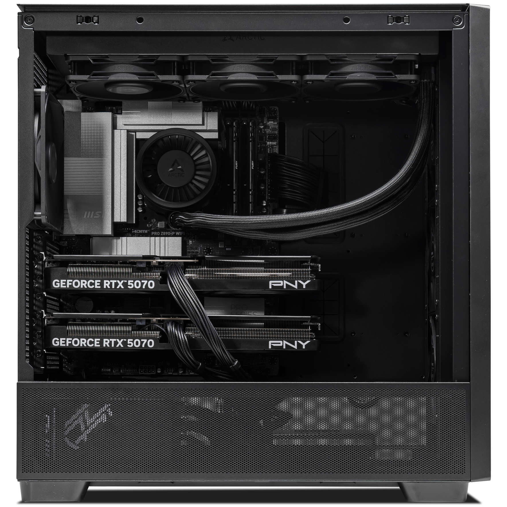 A large main feature product image of PLE Maven AI Dual RTX 5070 Prebuilt Ready To Go Workstation PC