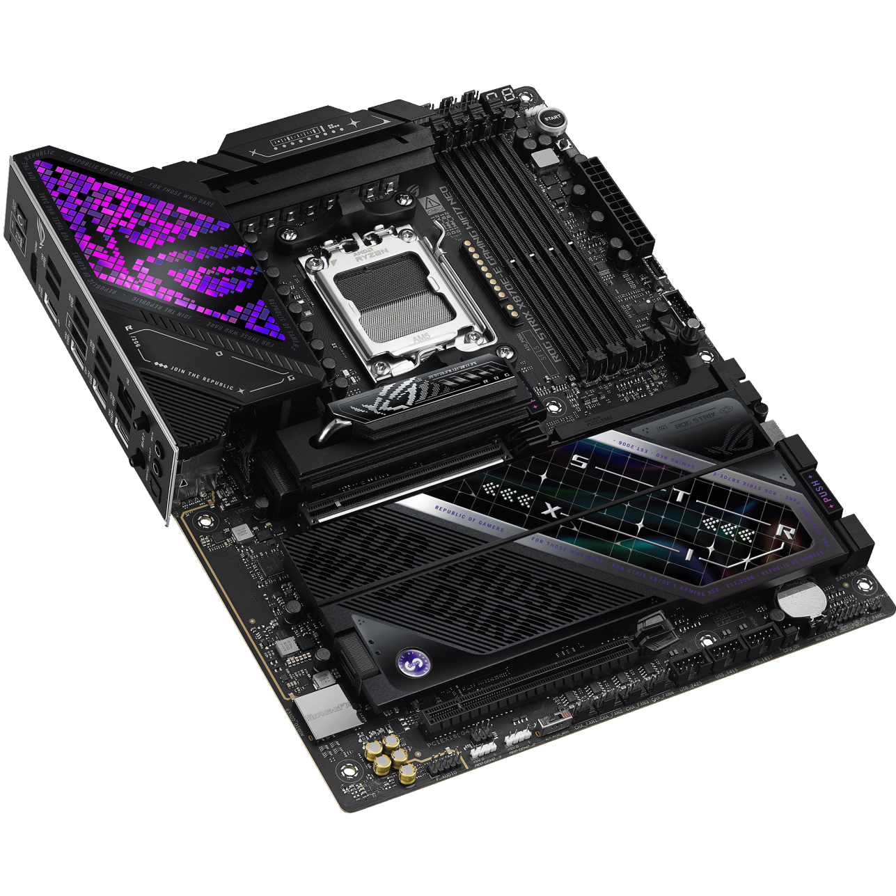 A large main feature product image of ASUS ROG Strix X870E-E Gaming  WiFi7 Neo AM5 ATX Desktop Motherboard
