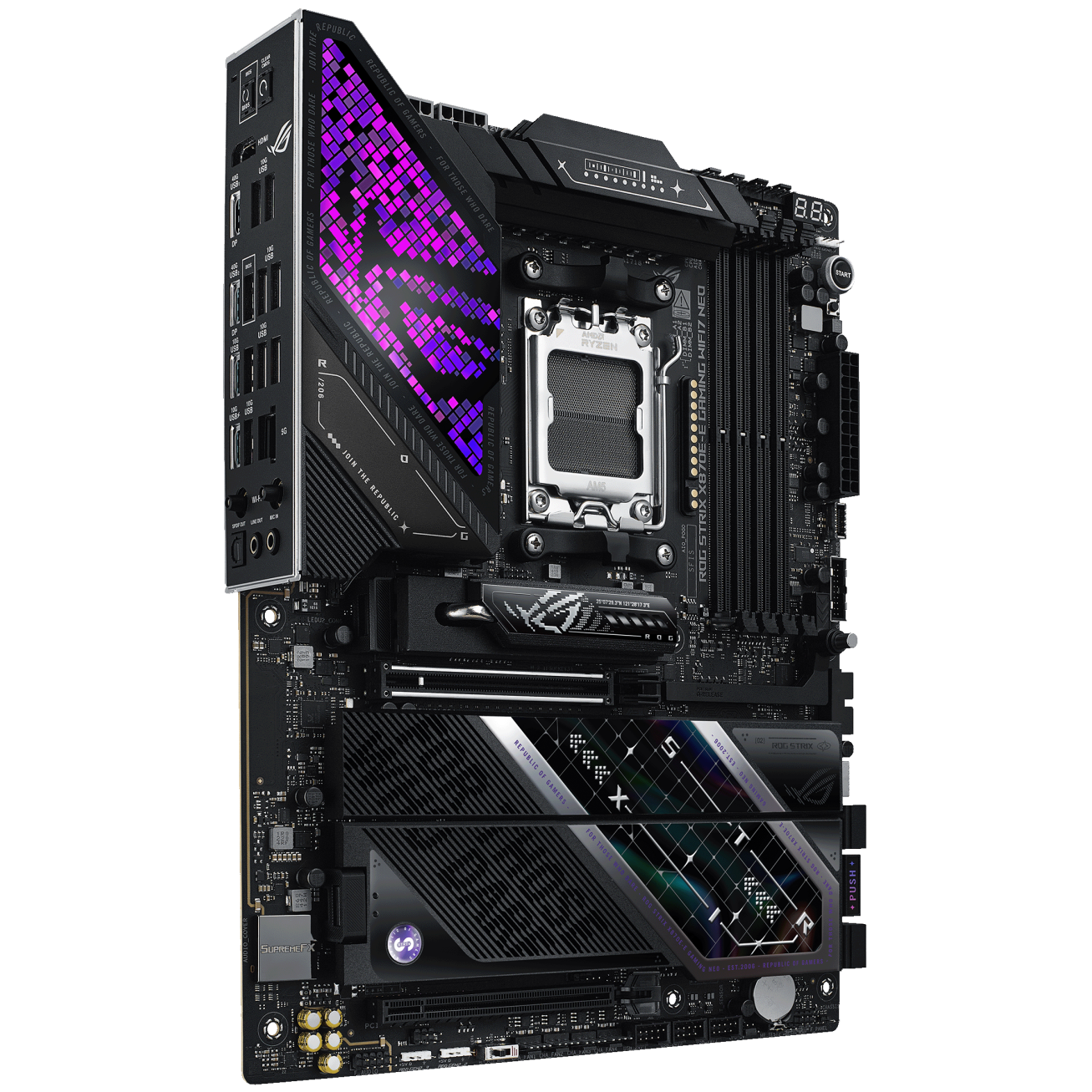 A large main feature product image of ASUS ROG Strix X870E-E Gaming  WiFi7 Neo AM5 ATX Desktop Motherboard