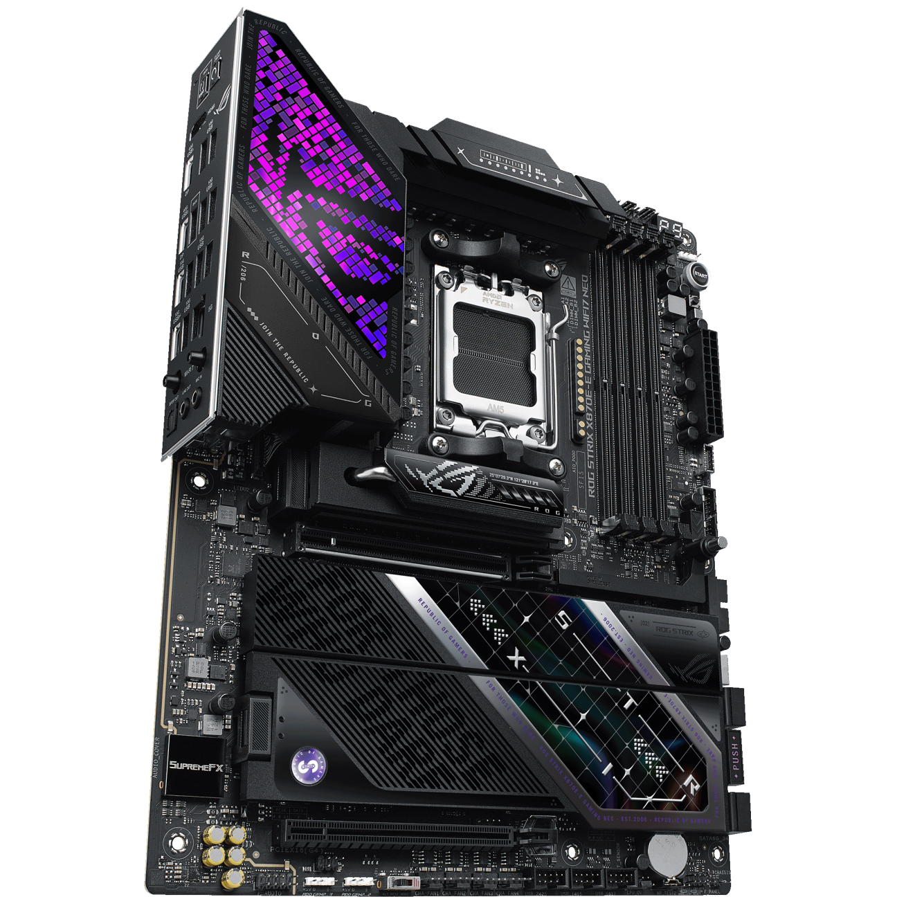A large main feature product image of ASUS ROG Strix X870E-E Gaming  WiFi7 Neo AM5 ATX Desktop Motherboard