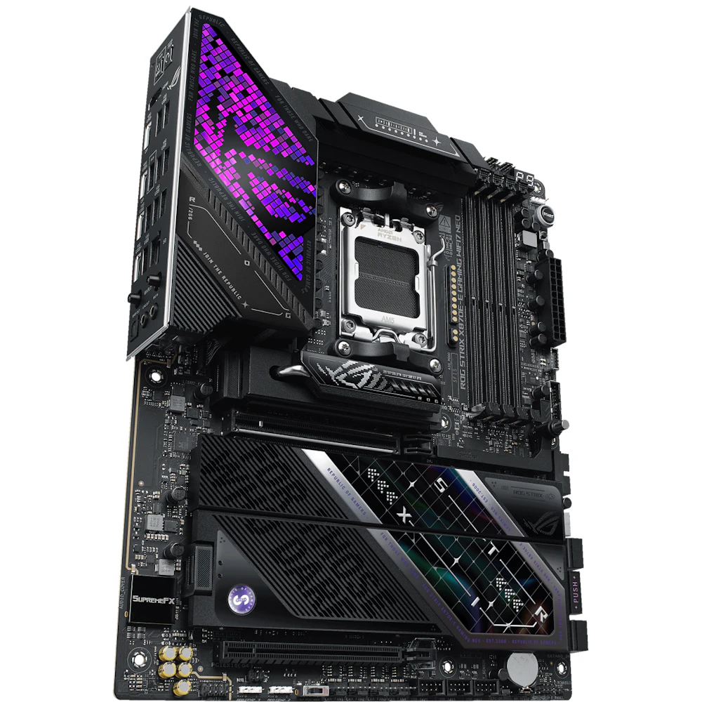 A large main feature product image of ASUS ROG Strix X870E-E Gaming WiFi7 Neo AM5 ATX Desktop Motherboard