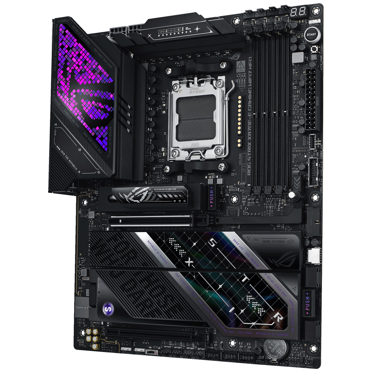 A large main feature product image of ASUS ROG Strix X870E-E Gaming  WiFi7 Neo AM5 ATX Desktop Motherboard