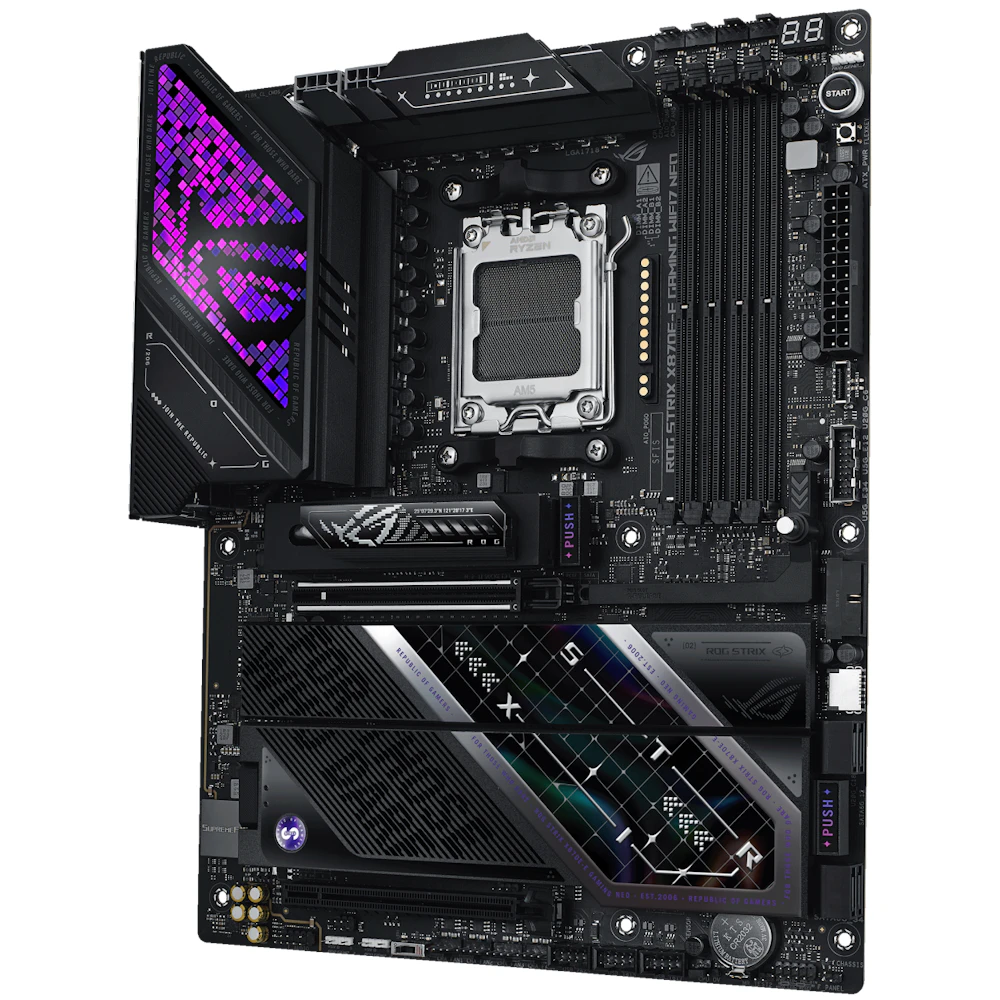 A large main feature product image of ASUS ROG Strix X870E-E Gaming WiFi7 Neo AM5 ATX Desktop Motherboard