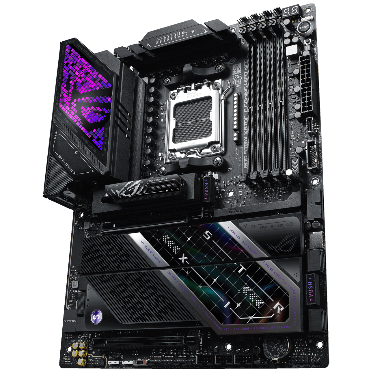 A large main feature product image of ASUS ROG Strix X870E-E Gaming  WiFi7 Neo AM5 ATX Desktop Motherboard