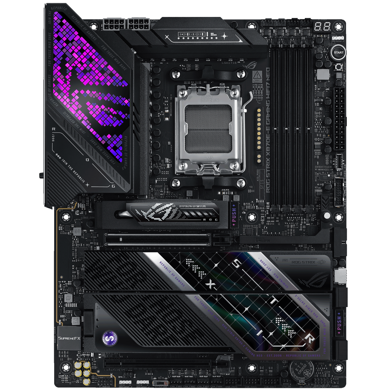 A large main feature product image of ASUS ROG Strix X870E-E Gaming  WiFi7 Neo AM5 ATX Desktop Motherboard