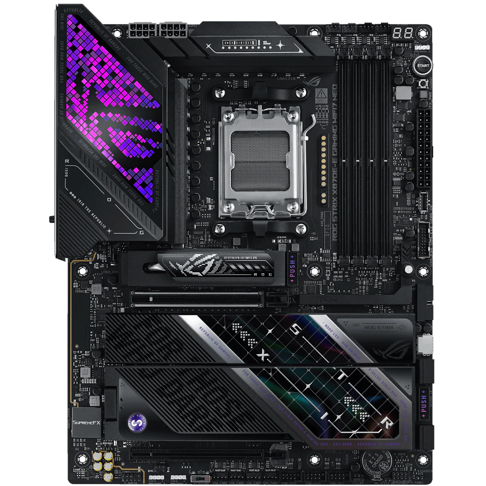 A large main feature product image of ASUS ROG Strix X870E-E Gaming WiFi7 Neo AM5 ATX Desktop Motherboard